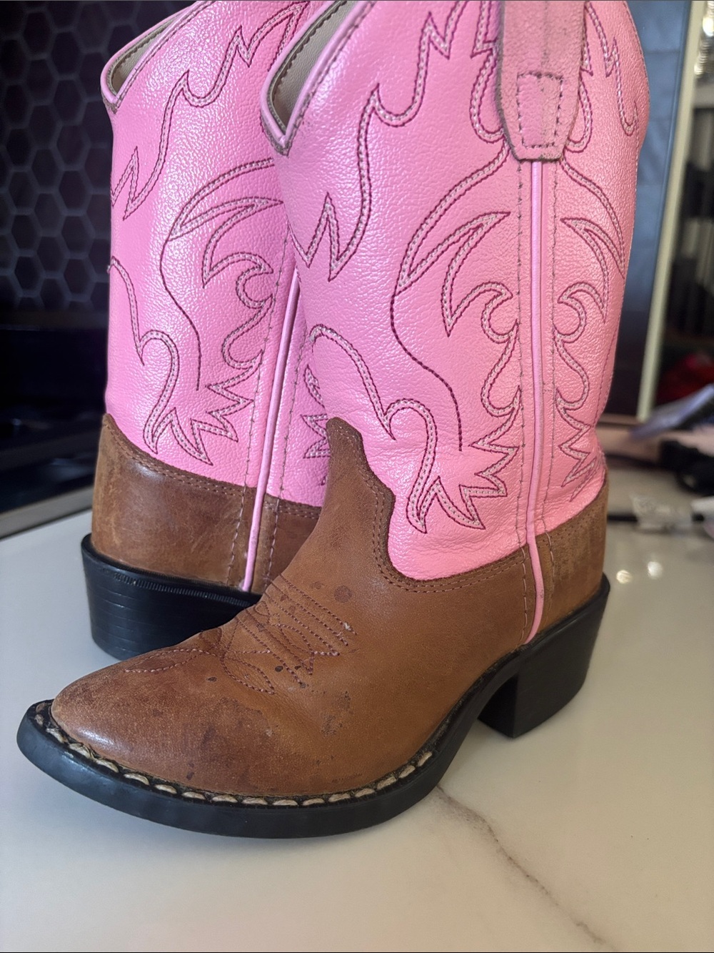 Kids Old West Pink and Brown Western Heeled Boots